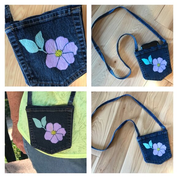 Handmade Crossbody Bag: Over Shoulder Painted Pansy Cell Phone Small Denim Purse - Picture 9 of 9
